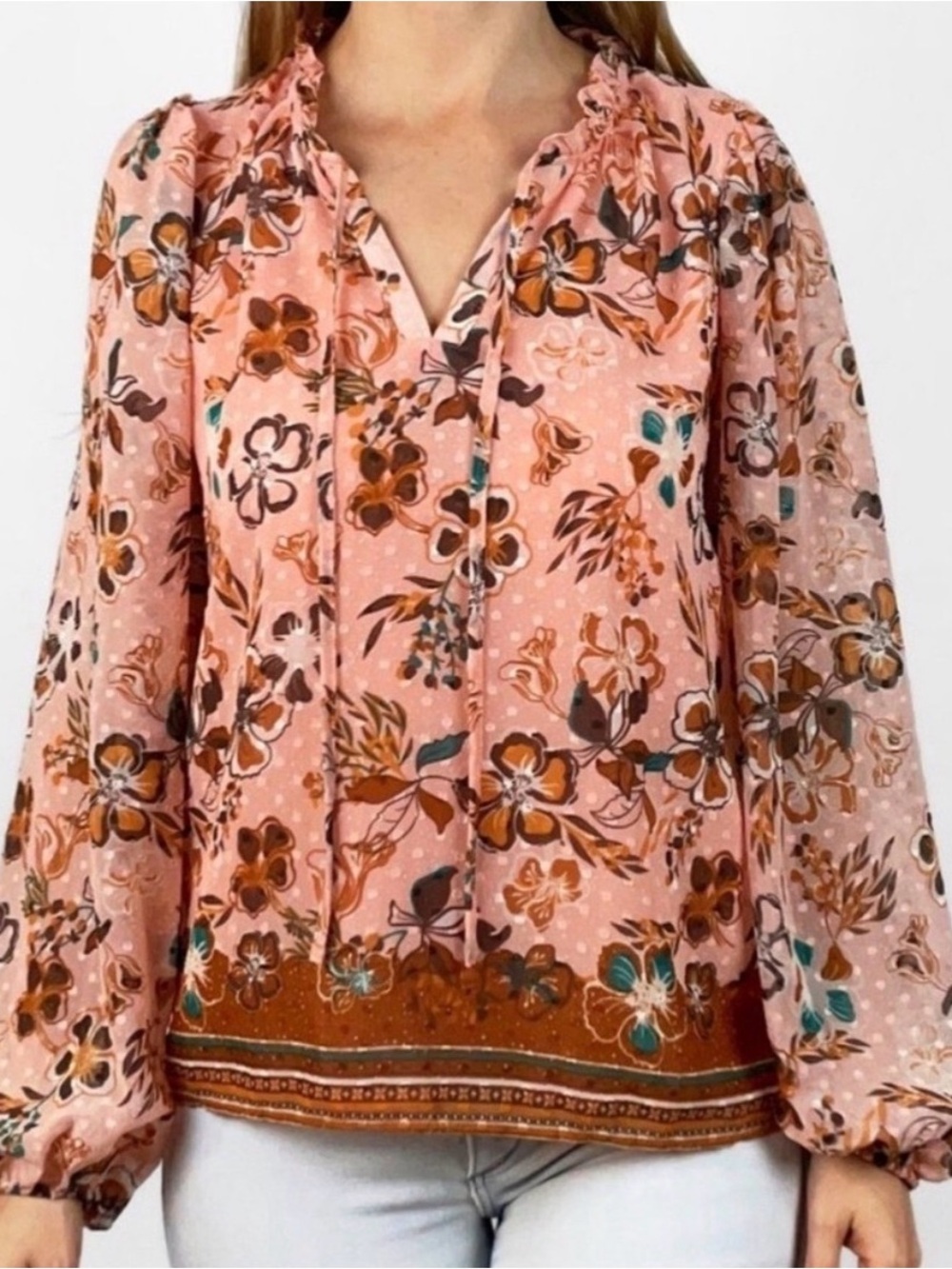 JOIE Floral Puff Sleeve Peasant Boho Blouse Pink Swill Dot Ruffle‎ Neck Size S